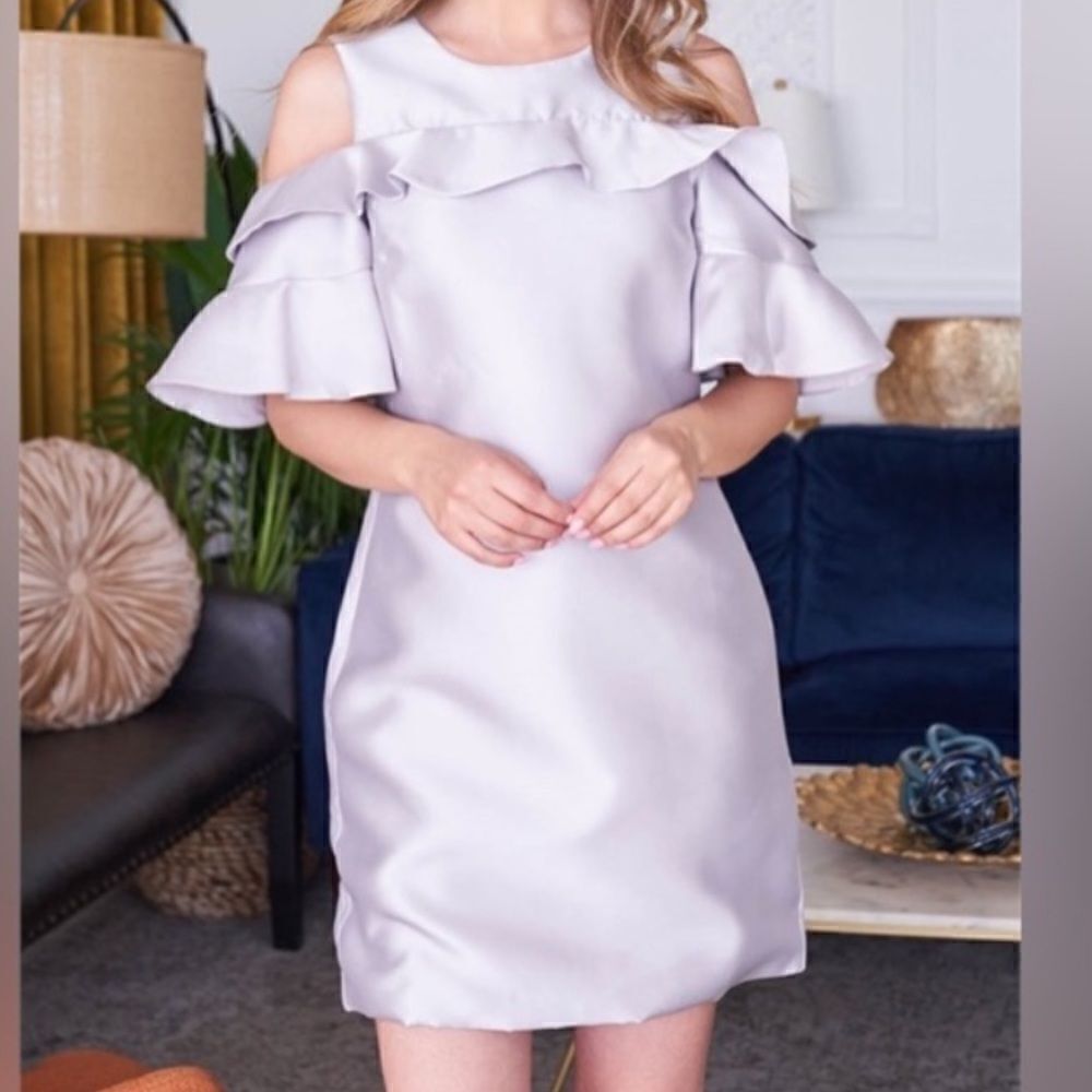 INA medium Cold shoulder silver gray dress ruffle sleeve